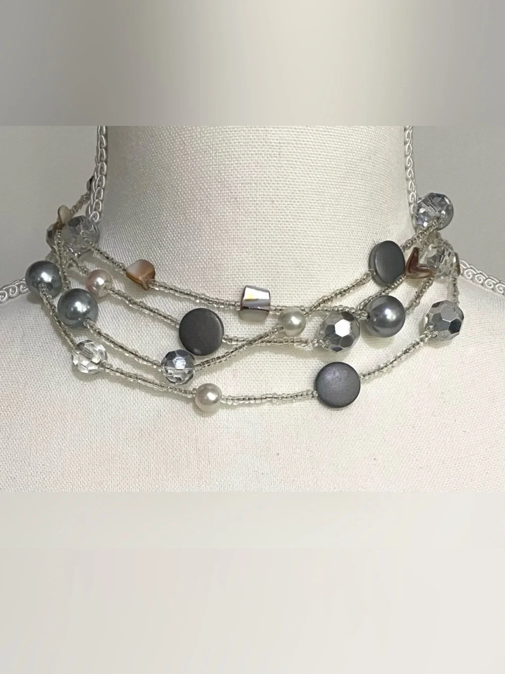 Long Wrap Crystal Clear Gray Pearl Beaded Necklace Boho Eclectic Feminine